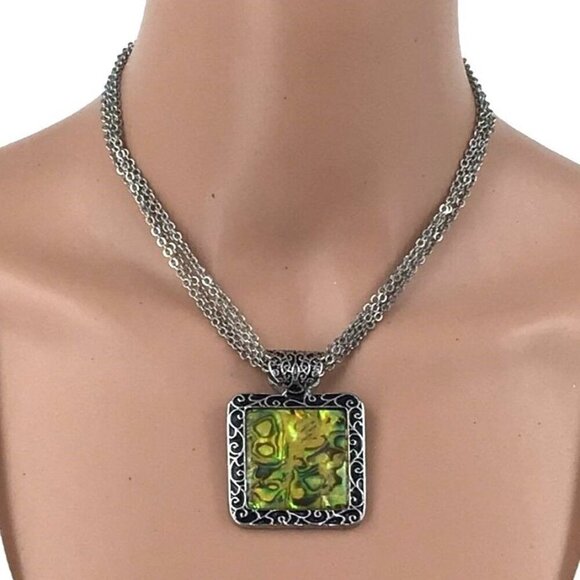 Reversible Pendant Necklace Abalone Center Filagree Design Silver Tone Adjustabl - Picture 1 of 4